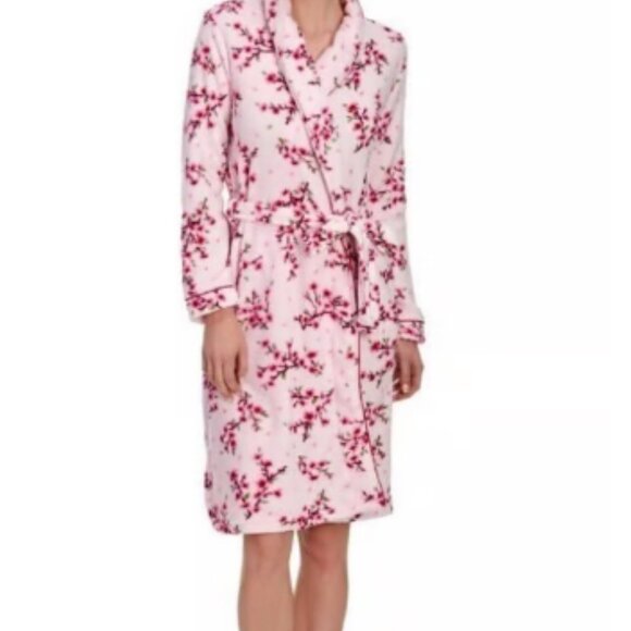 Laura Ashley Robe Small Pink Floral Super Soft Fuzzy Satin Trim - Picture 1 of 10
